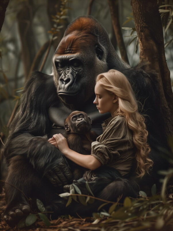 elena_84634_A_big_gorilla_with_a_cub_and_a_blonde_woman_sitting_d0b9a4d0-6f2f-40c9-8069-bc3b2dd1ad51