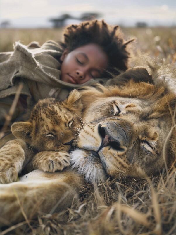 elena_84634_a_lioness_with_a_lion_cub_and_a_man_lie_together_in_63ebdee9-db98-449d-903c-43995bb22689