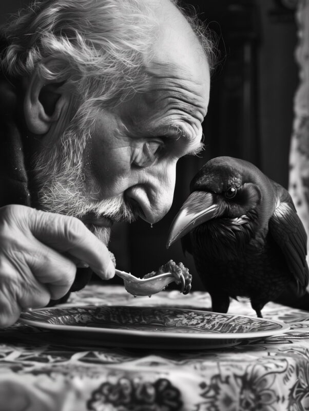 elena_84634_raven_and_a_man_eating_from_the_same_plate_National_837b043f-3628-49ec-bdd0-7daaa0e34cd1